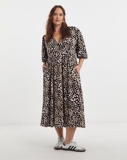 Simply Be Black Print Supersoft Wrap Midi Dress With Pockets