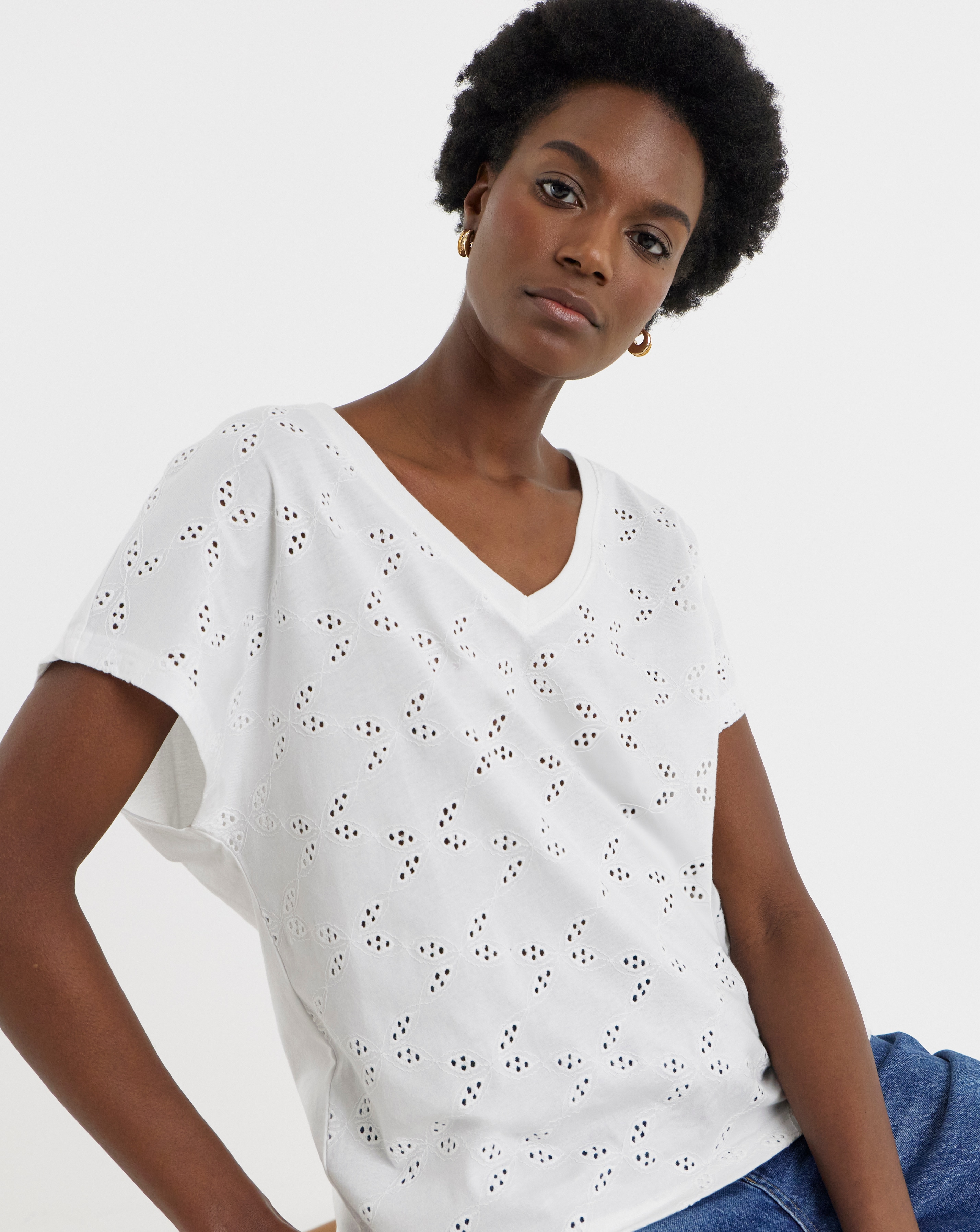 White Broderie V-Neck T-Shirt