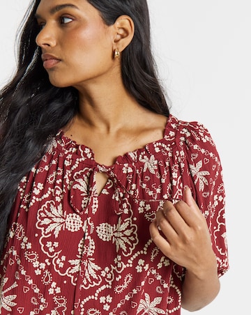 Scarf Print Crinkle Frill Edge Smock Blouse