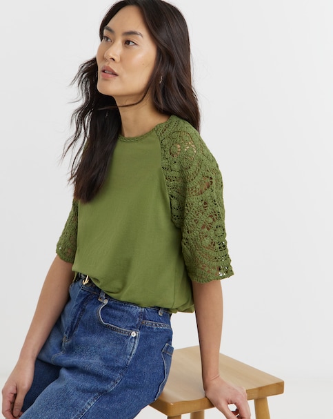 Khaki Crochet Sleeve Top
