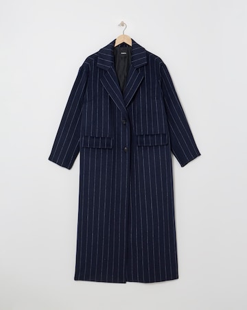 Navy Pinstripe Faux Wool Maxi Coat