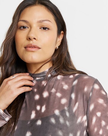 Brown Deer Print High Neck Mesh Top