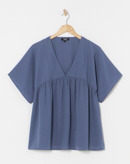 Petrol Blue V Neck Short Sleeve Smock Top