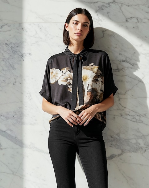 Religion Tie Neck Floral Graphic Blouse