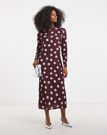 Burgundy And Pink Spot Print Mesh Midi Dress