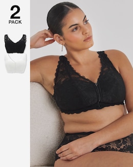 Pretty Secrets (2 Pack) Zip Front Fastening Lace Comfort Bras (B-F) Black/White