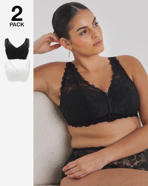 Pretty Secrets (2 Pack) Zip Front Fastening Lace Comfort Bras (B-F) Black/White