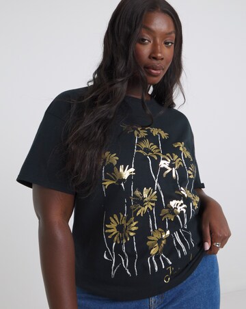 Black Floral Foil Print Graphic T-Shirt