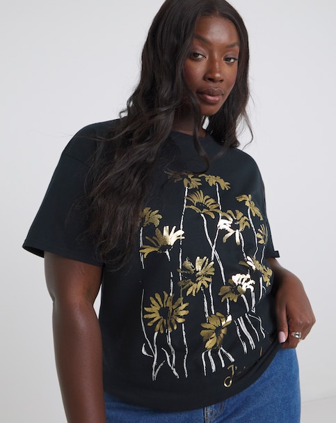 Black Floral Foil Print Graphic T-Shirt