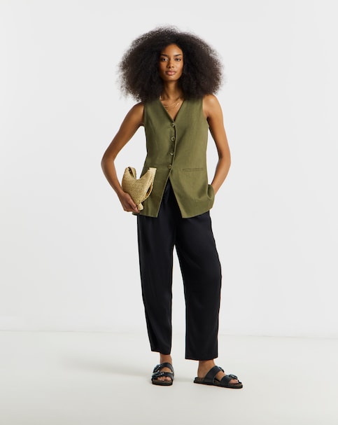 Black Tie Waist Linen Barrel Trousers