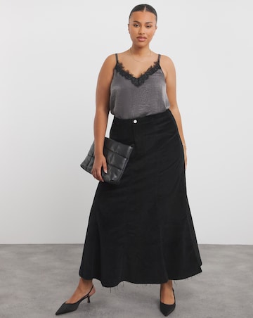 Black Cord Fit and Flare Denim Maxi Skirt