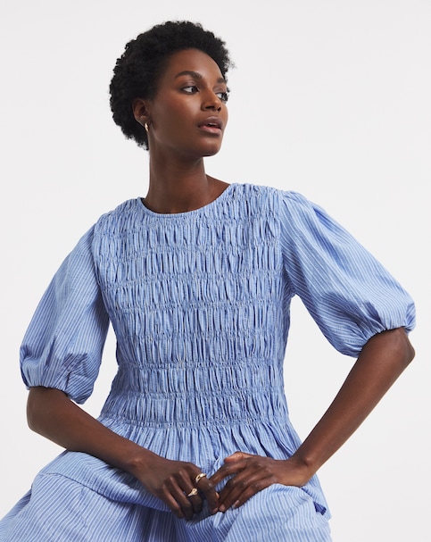 Blue Stripe Shirred Peplum Striped Blouse