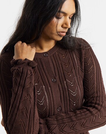 Chocolate Pointelle Crew Neck Frill Hem Cardigan