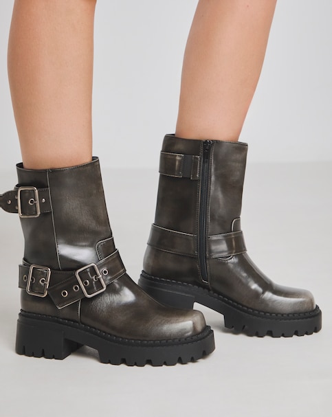 Stevie Multi Buckle Chunky Ankle Biker Boots - Wide Fit (E)