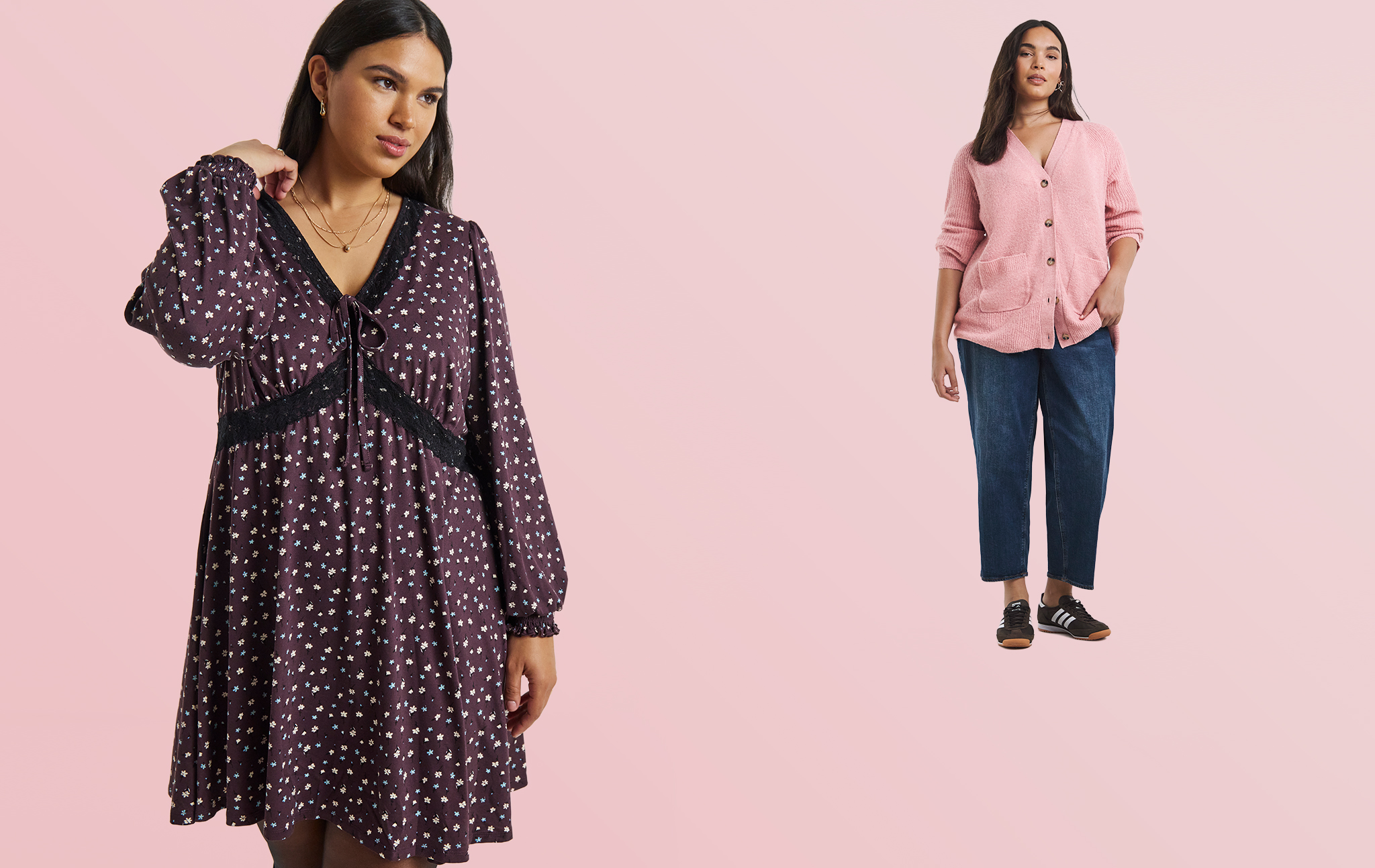 A composite photo featuring 2 women. One wears a dark, long-sleeved, floral dress, the other wears a pink button-up cardigan with blue jeans and black trainers.