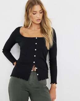 Black Long Sleeve Button Through Ribbed Cardi