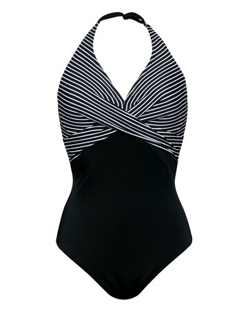 Figleaves Tailor Halter Twist Front Tummy Control Stripe Swimsuit