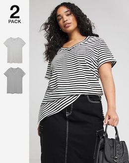 Grey Marl & Stripe 2 Pack V Neck Longline T-Shirts