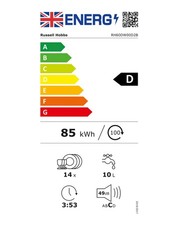 Russell Hobbs RH60DW00D2B Full Size Dishwasher - 14 Place Settings - Black