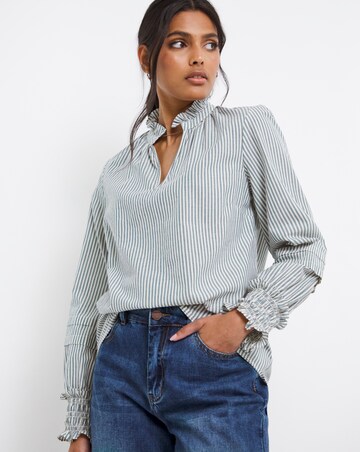 Blue Stripe Pleat Three Quarter Sleeve Blouse