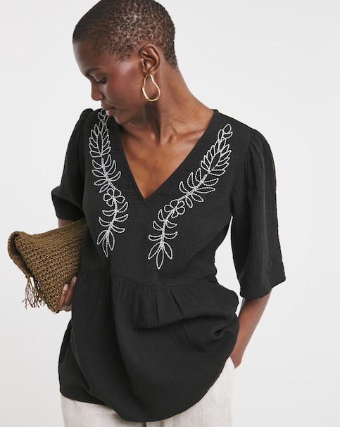 Embroidered Pure Cotton Textured Short Sleeve Smock Top