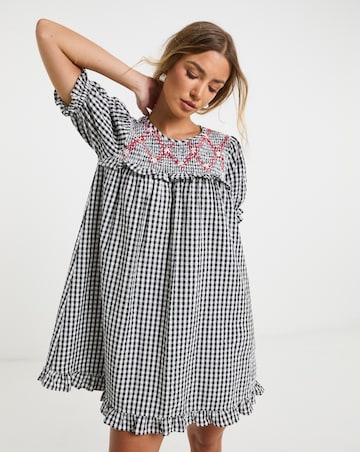 Neon Rose Gingham Smock Mini Dress with Red Contrast Smocking Stitch Detail