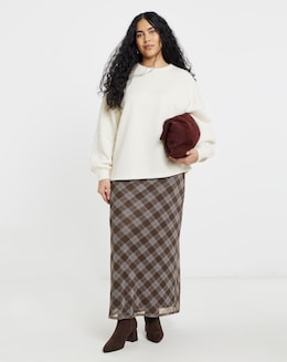 Chocolate &amp; Blue Check Mesh Midaxi Skirt