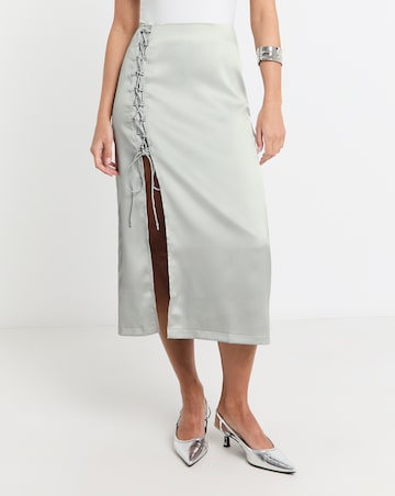 Silver Lace Up Detail Premium Stretch Satin Midaxi Skirt