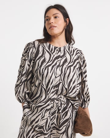Zebra Puff Sleeve Button Down Linen Mix Top