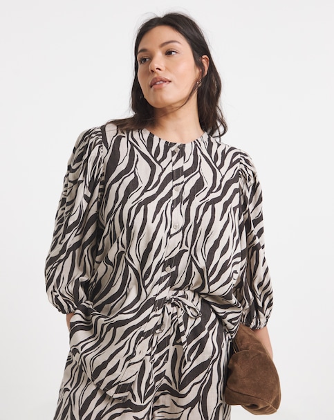Zebra Puff Sleeve Button Down Linen Mix Top