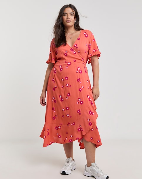 Simply Be Orange Floral Print Crinkle Wrap Midi Dress