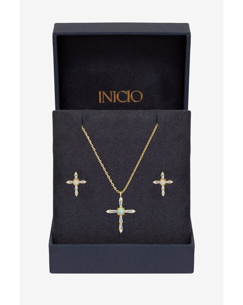 New In - 14K Gold CZ & Opal Cross Set