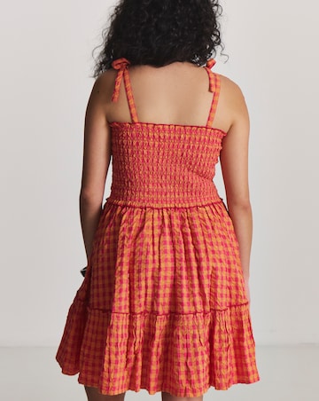 Pink Gingham Shirred Mini Beach Dress