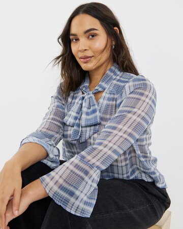 Blue Check Pussybow Blouse with Neck Tie