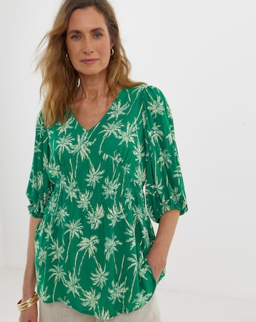 Crinkle V Neck Puff Sleeve Top