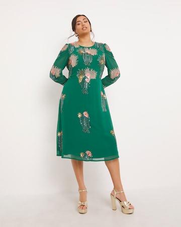 Joanna Hope Peacock Green Deco Beaded Midi Dress