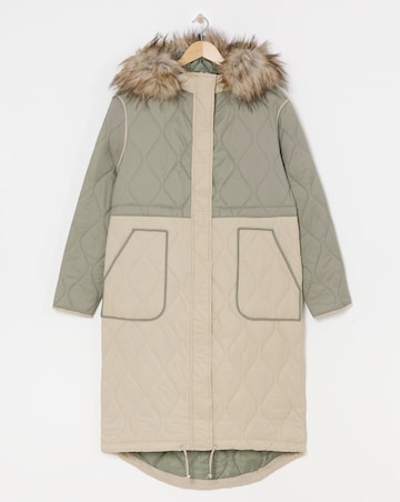 Green Colourblock Quilted Longline Coat