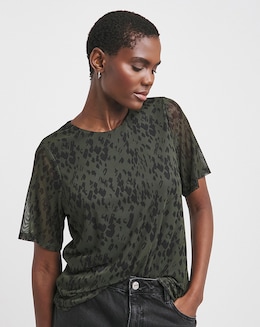 Printed Mesh V-Neck Angel Sleeve Top