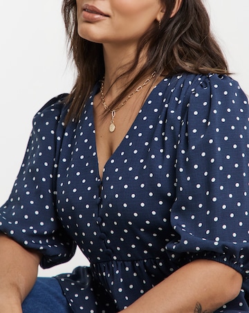 Navy Spot Button Through Peplum Blouse