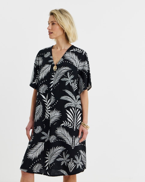 Linen Metal Trim Tunic Dress