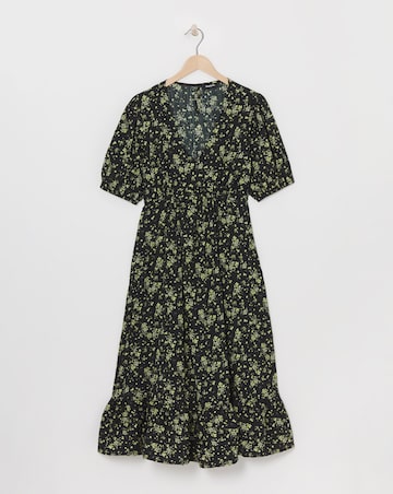 Ditsy Print Textured Puff Sleeve Midi Dress