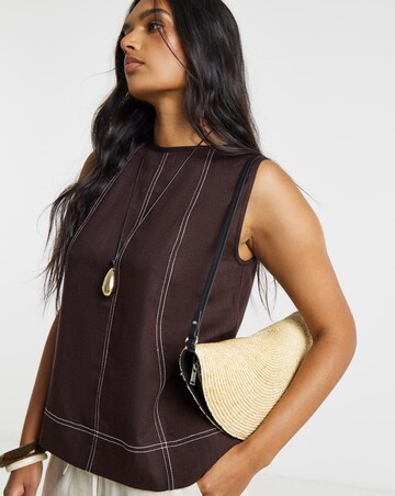 Chocolate Linen Shell Top with Topstitch Detail