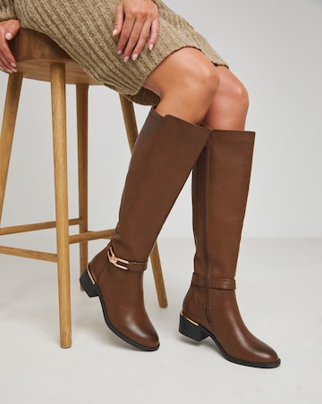 Heavenly Soles Ledger Knee High Boots With Trim Detailing Wide E Fit Curvy Calf