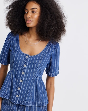 Dark Blue Jacquard Stripe Denim Peplum Top Co Ord