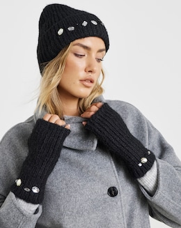 Jewel Embellished Hat &amp; Handwarmer Set