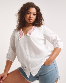 Ivory Poplin Blouse with Embroidered Collar