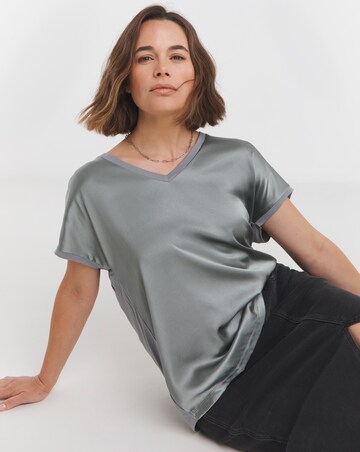 Grey V Neck Satin Front Top
