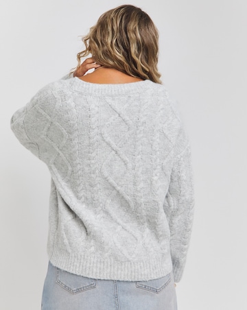 Grey Marl V Neck Cable Knit Jumper
