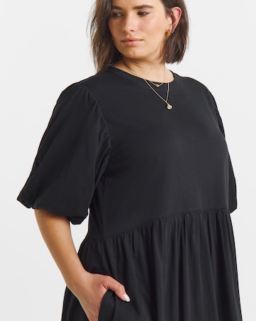 Puff Sleeve Jersey Smock Pocket Midi