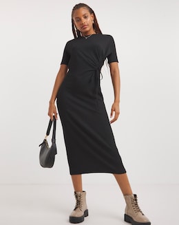 Black Ruched Front Waffle Midi Dress